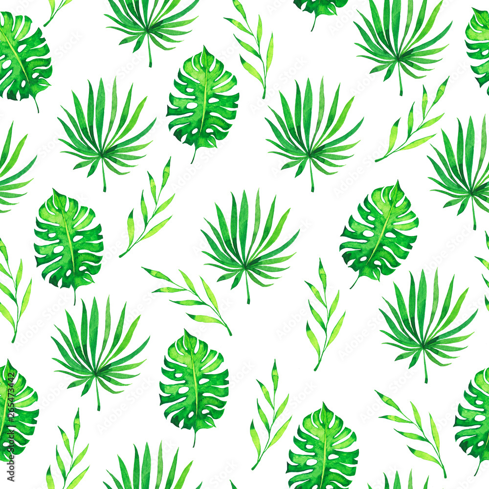 Seamless pattern with tropical mostera leaves and palm branches on white background. Hand drawn watercolor illustration. 