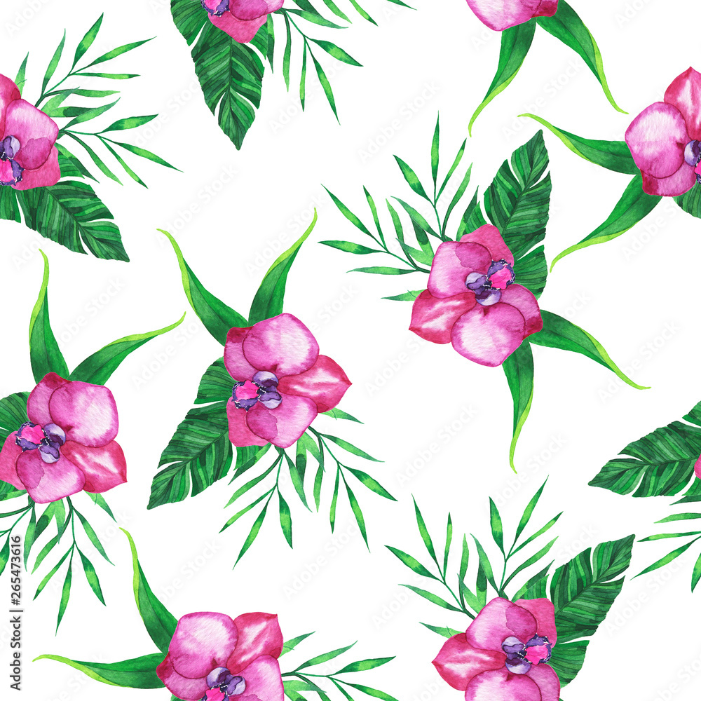 Seamless pattern with tropical leaves, palm branches and pink orchid flowers on white background. Hand drawn watercolor illustration.
