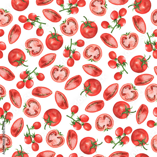 Seamless pattern with fresh tomatoes and tomato slices on white background. Hand drawn watercolor illustration. 