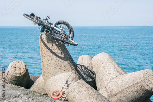 Bicycles tied to the pier. Protection against theft of bicycles. Origenal protect your bike. photo