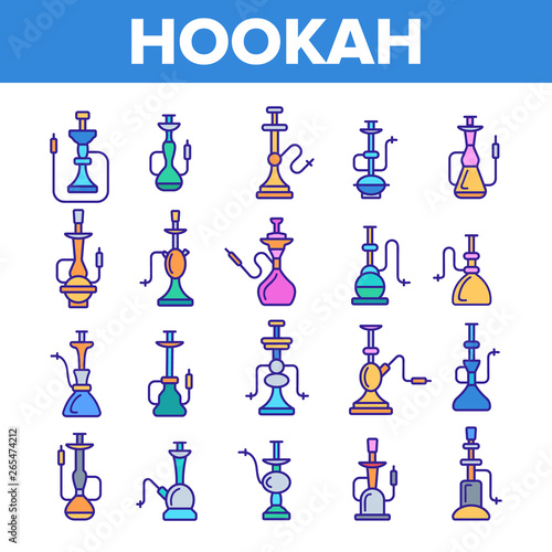Hookah, Smoking Device Vector Linear Icons Set. Hookah, Nightclub Relax Accessory Thin Line Pictograms Collection. Traditional Oriental Smoking Equipment Contour Illustrations. Lounge Relax Symbols