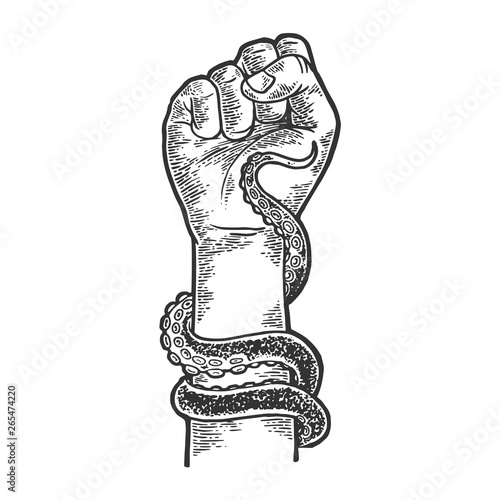 Octopus tentacle wrapped around human arm sketch engraving vector illustration. Scratch board style imitation. Black and white hand drawn image.