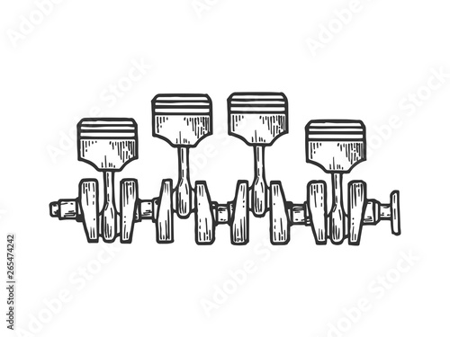 Engine car motor pistons on crankshaft sketch engraving vector illustration. Scratch board style imitation. Black and white hand drawn image.