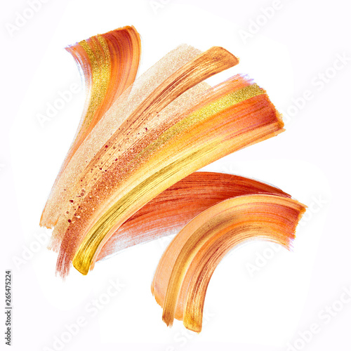 digital illustration, orange gold brush stroke clip art isolated on white background, dynamic watercolor smear, multicolor neon paint texture, design element