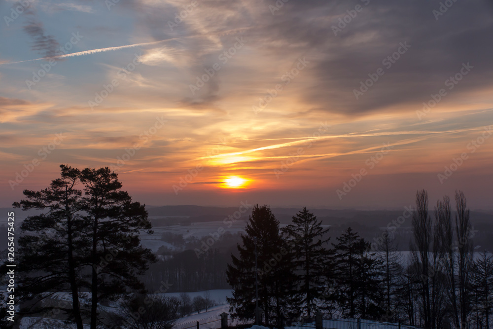 Fototapeta premium Winter sunrise in Poland in the area of Mount St. Anne