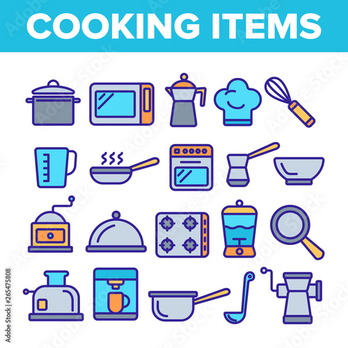 Cooking Items Vector Thin Line Icons Set. Cooking Accessories Linear Illustrations. Kitchen Equipment, Electronics Contour Symbols. Cookware, Saucepans, Bowl, Coffee Making Machines Pictograms