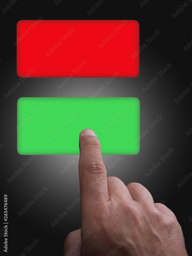 Buttons with copy space, green and red, and finger pointing, on a gray gradient background Buttons with copy space, green and red, and finger pointing, on a gray gradient background