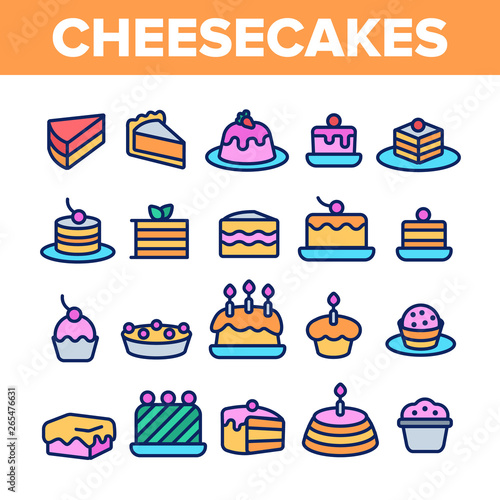 Sweet Cheesecakes, Bakery Linear Vector Icons Set. Pastry Thin Line Contour Symbols Pack. Birthday Party Cakes, Biscuits, Pies. Dessert Cookies. Confectionery Outline Illustrations Collection