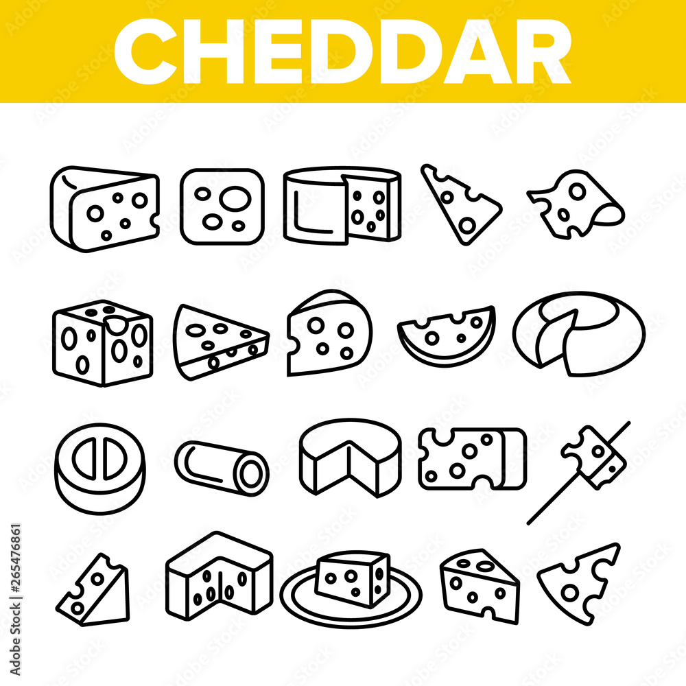 Cheddar Cheese Linear Vector Icons Set. Cheddar Piece, Milk Products Symbol Pack. Snack, Food. Dairy Ingredients Pictograms Collection. Isolated Cooking Signs. Eco, Natural Outline Illustrations