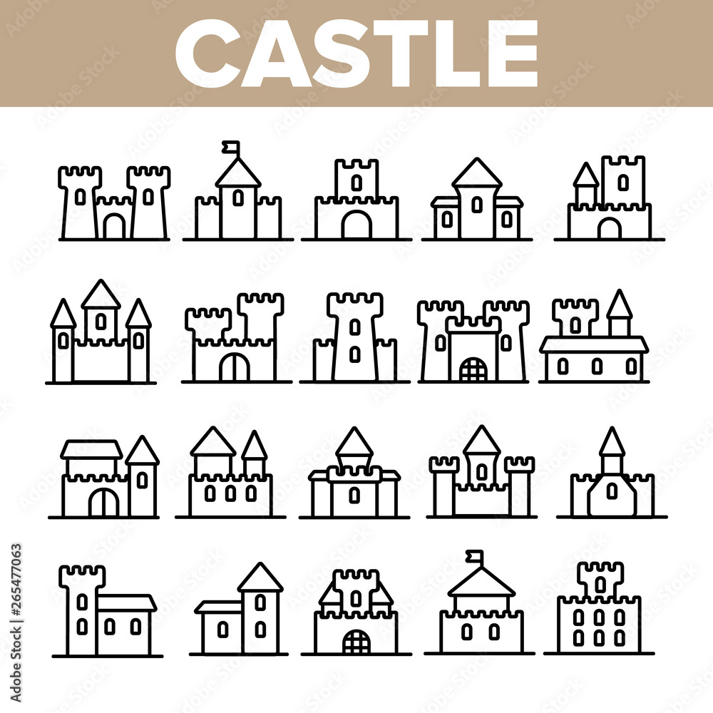 Castle, Medieval Buildings Linear Vector Icons Set. Castle, Palace Facade Symbols Pack. Exterior Simple Pictograms Collection. Isolated Fortress Signs. Royal Mansion And Towers Outline Illustrations