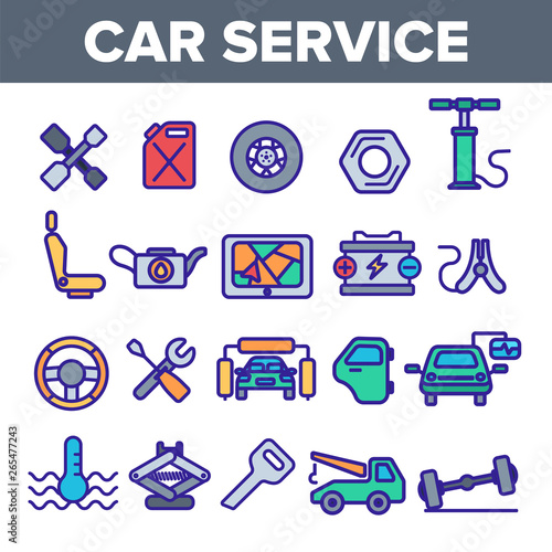 Car Service Linear Vector Icons Set. Car Repair Shop Thin Line Contour Symbols Pack. Auto Maintenance Pictograms Collection. Automobile Assistance Workshop. Garage Equipment Outline Illustrations