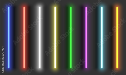 Neon light brushes with shadows, fully adjustable various colors neon design elements, colorful light tubes set on dark background