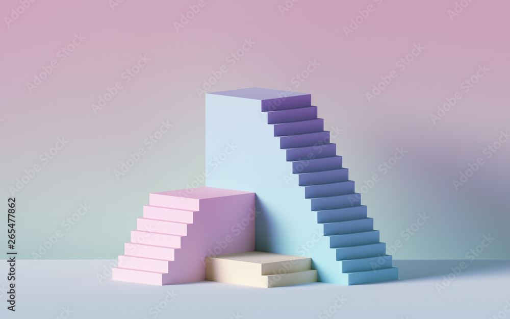 Obraz premium 3d render, yellow blue pink stairs, steps, abstract background in pastel colors, fashion podium, minimal scene, primitive architectural blocks, design element