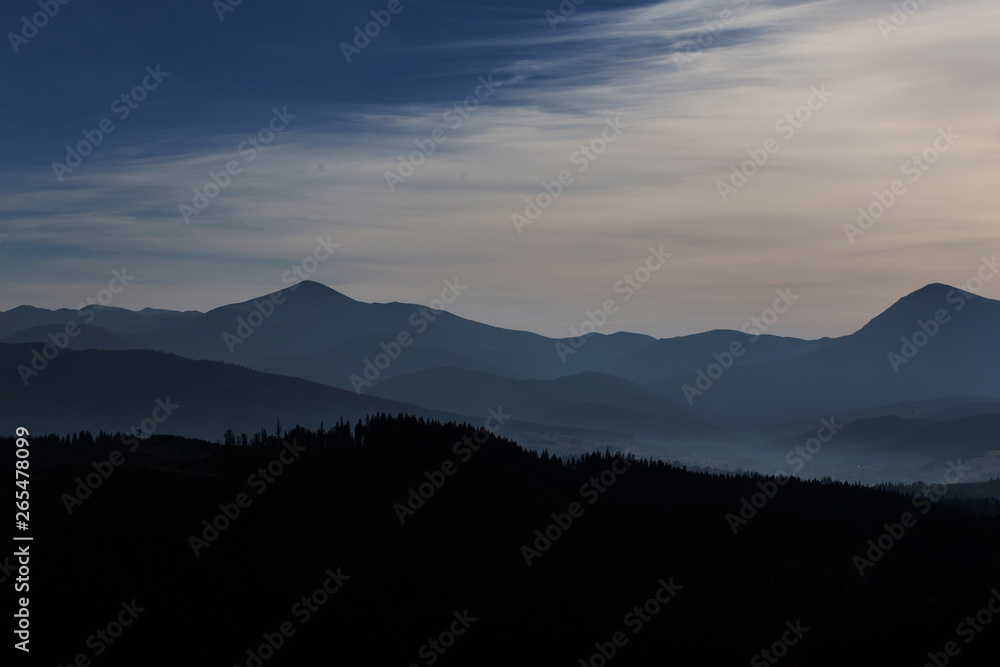 Mountains in fog with forest, morning mountain background. Beautiful panoramic view.