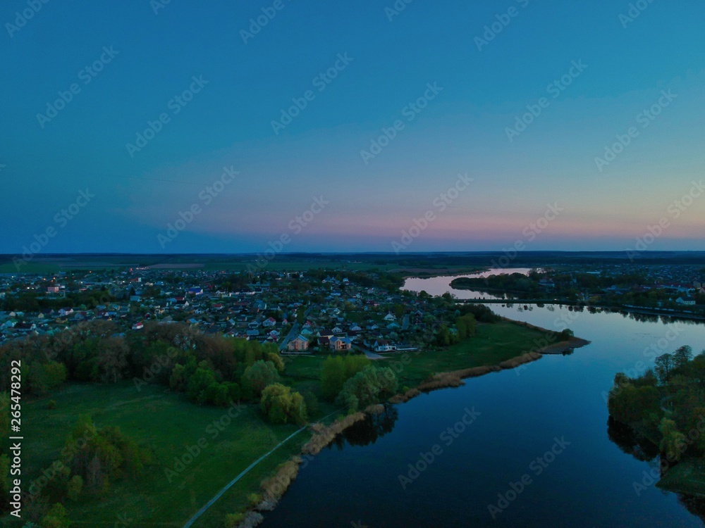 Aerial view of sunset over Nesvizh, Minsk Region, Belarus