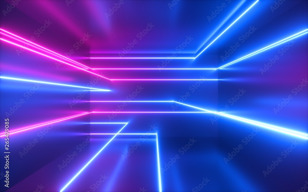 3d render, pink blue neon lines, geometric shapes, virtual space, ultraviolet light, 80's style, retro disco, fashion laser show, abstract background