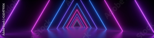 Fotografiet 3d render, abstract panoramic background, neon light, glowing lines, triangular
