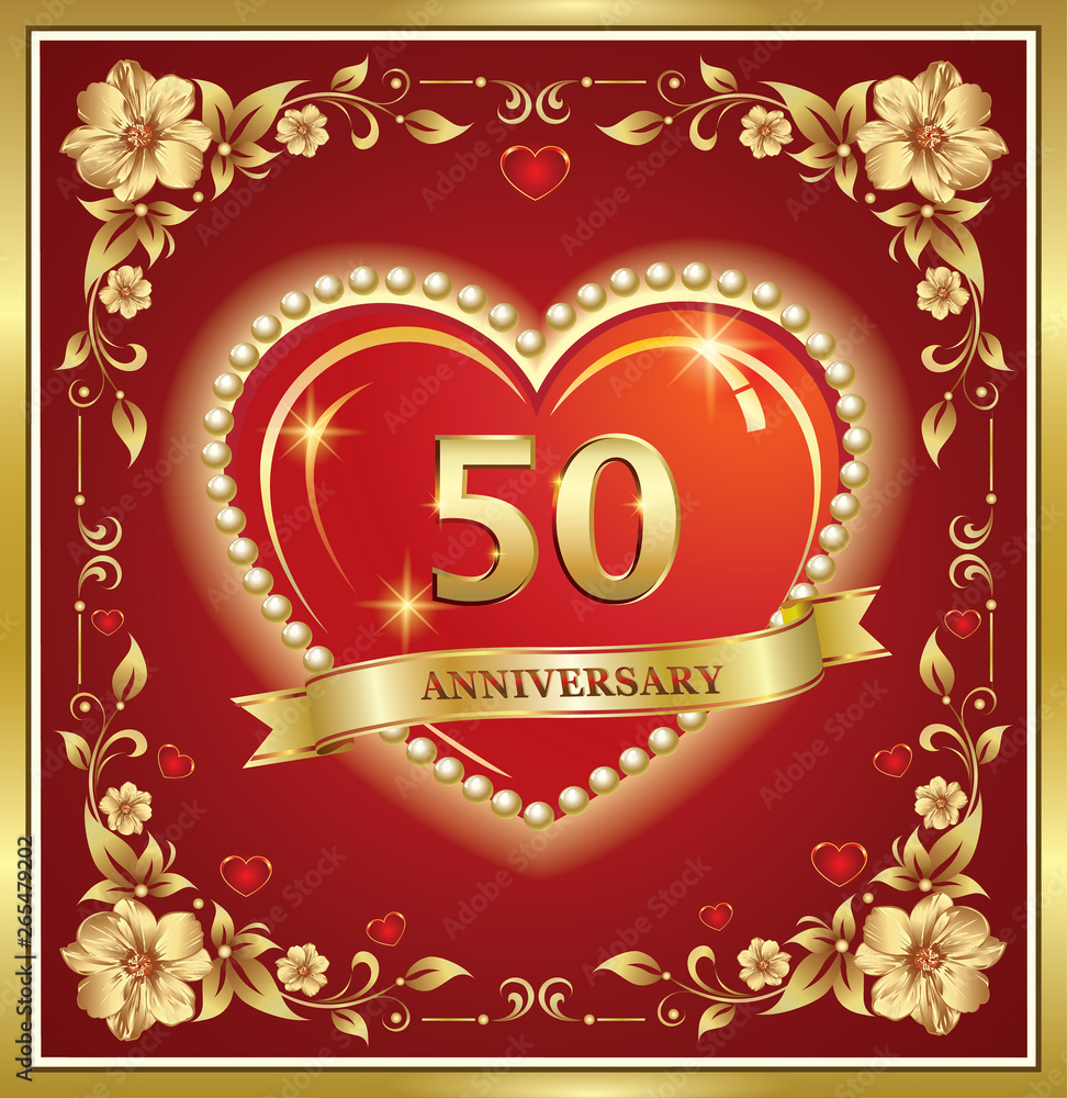 50 years anniversary, happy birthday, big heart, golden frame, floral pattern, red background. Vector illustration 50 years anniversary, happy birthday, big heart, golden frame, floral pattern, red background. Vector illustration