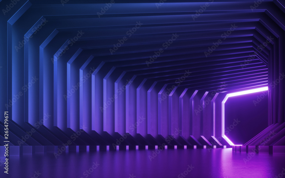 Fototapeta premium 3d render, abstract ultraviolet background, empty room, purple blue corridor, violet tunnel, virtual reality space, screen, club stage, floor reflection
