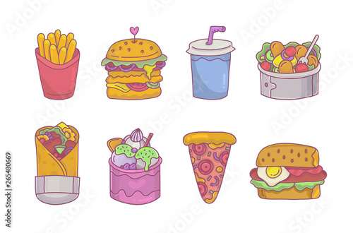 Colorful fast food set. Fries,burger, doner kebab and pizza