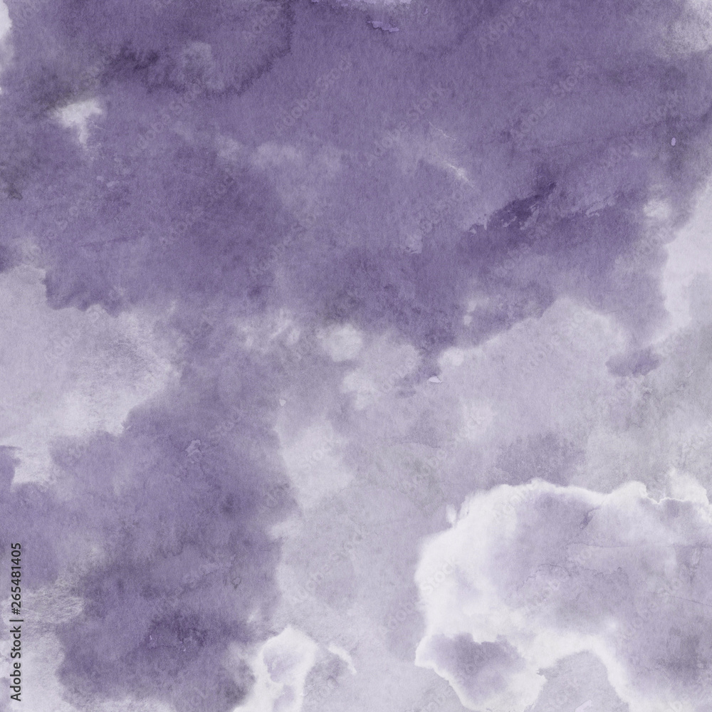 Violet ink and watercolor textures on white paper background. Paint leaks and ombre effects. Hand painted abstract image.