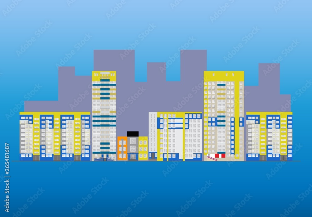 Vector illustration street of town on blue backgtround. Different high-rise building or houses in city.