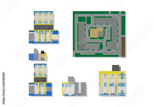 Flat vector illustration high rise houses for 3d model, made from paper. Plan for residential quarter in city.