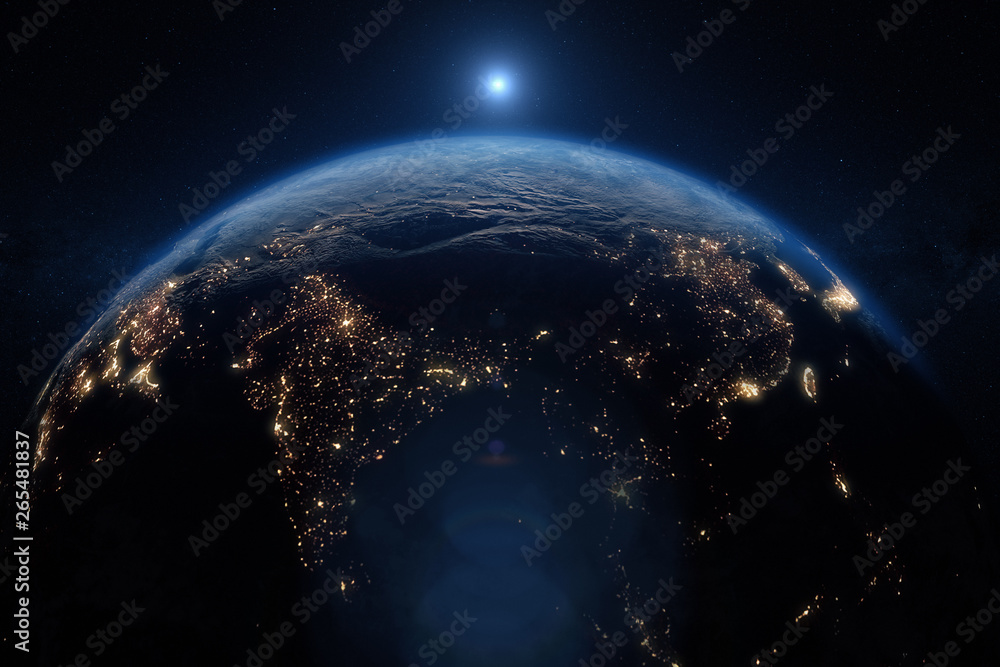 Planet earth from space. Beautiful sunrise world skyline. Illustration contains space, planet, galaxy, stars, cosmos, sea, earth, sunset, globe. 3d illustration. Images from NASA - obrazy, fototapety, plakaty 
