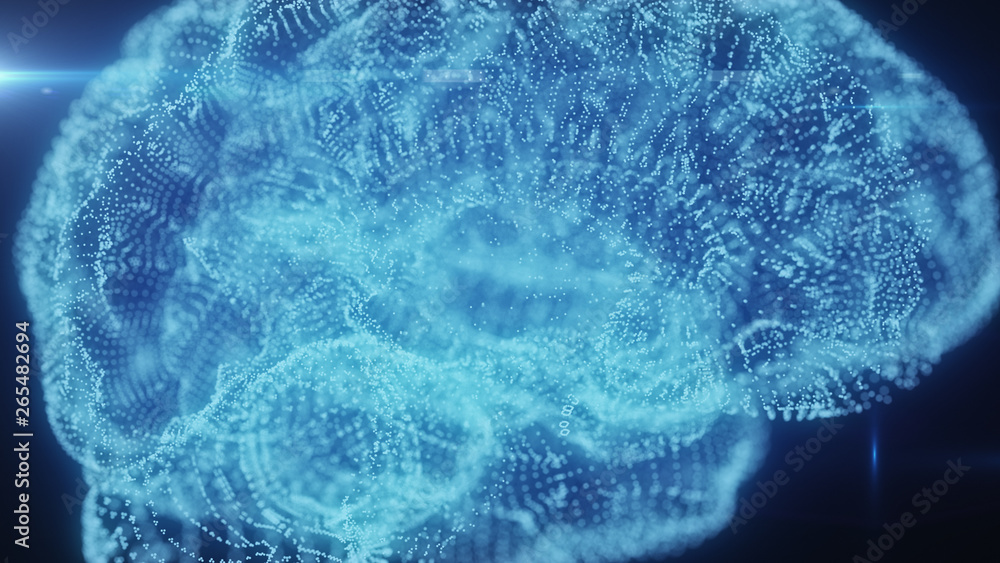 Rotating hologram of human brain, human brain formed from luminous ...