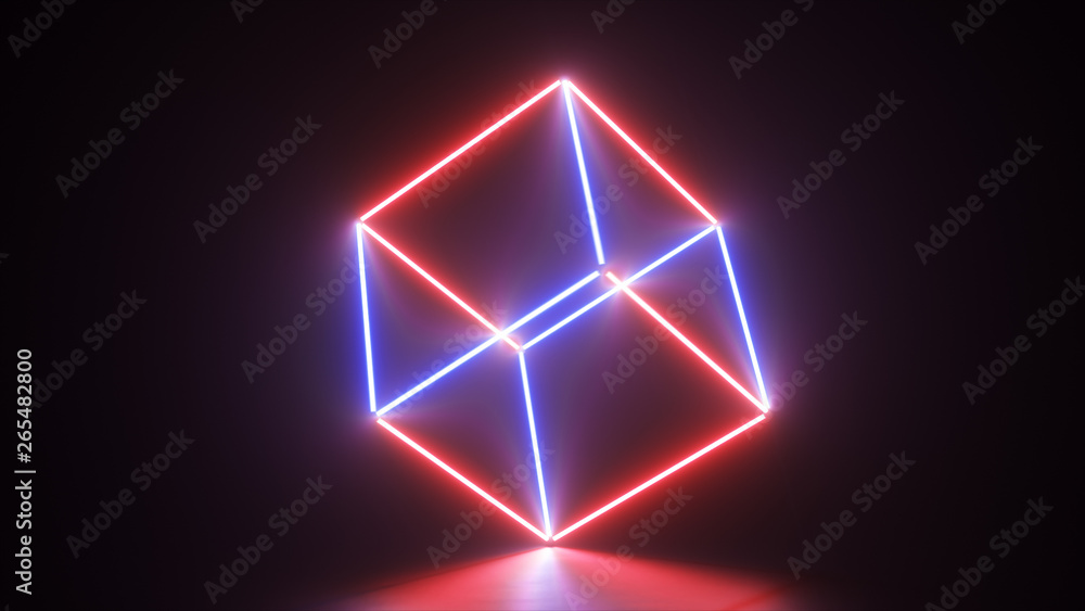 Abstract glowing neon lines creating a cube, blue red spectrum, fluorescent ultraviolet light, modern colorful lighting, 3d illustration Abstract glowing neon lines creating a cube, blue red spectrum, fluorescent ultraviolet light, modern colorful lighting, 3d illustration
