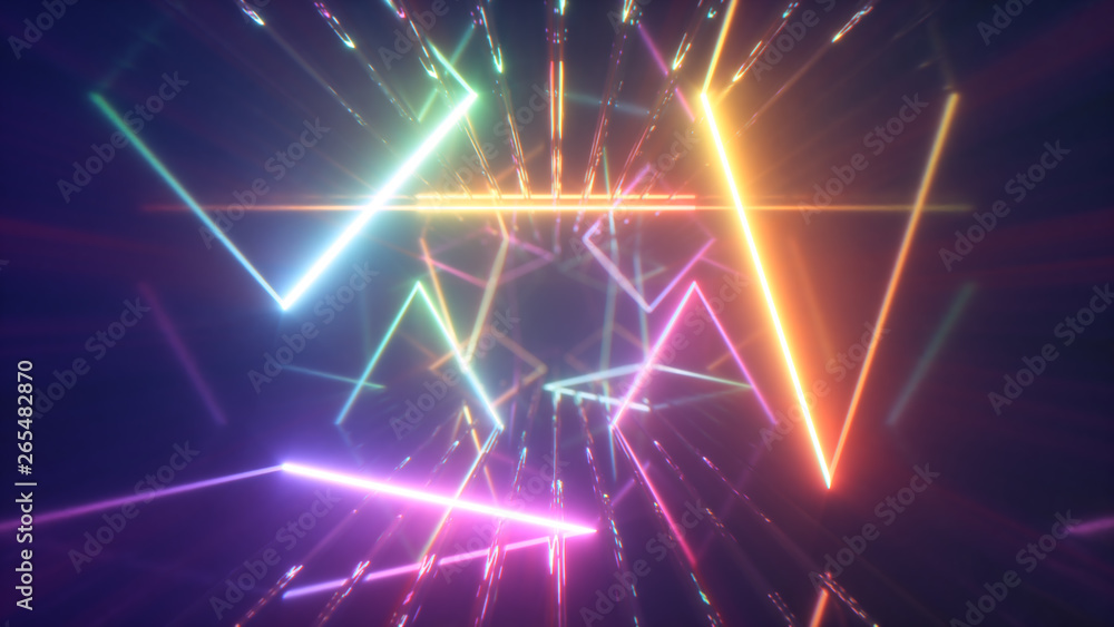 Flying through glowing neon lines creating a tunnel, multicolored spectrum, modern colorful lighting, 3d illustration Flying through glowing neon lines creating a tunnel, multicolored spectrum, modern colorful lighting, 3d illustration