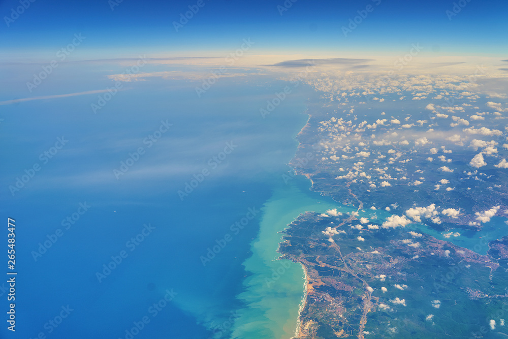 Aerial top view of the Bosporus strait entrance from the Black Sea side near Istanbul city in Turkey, a place where water meats the land.