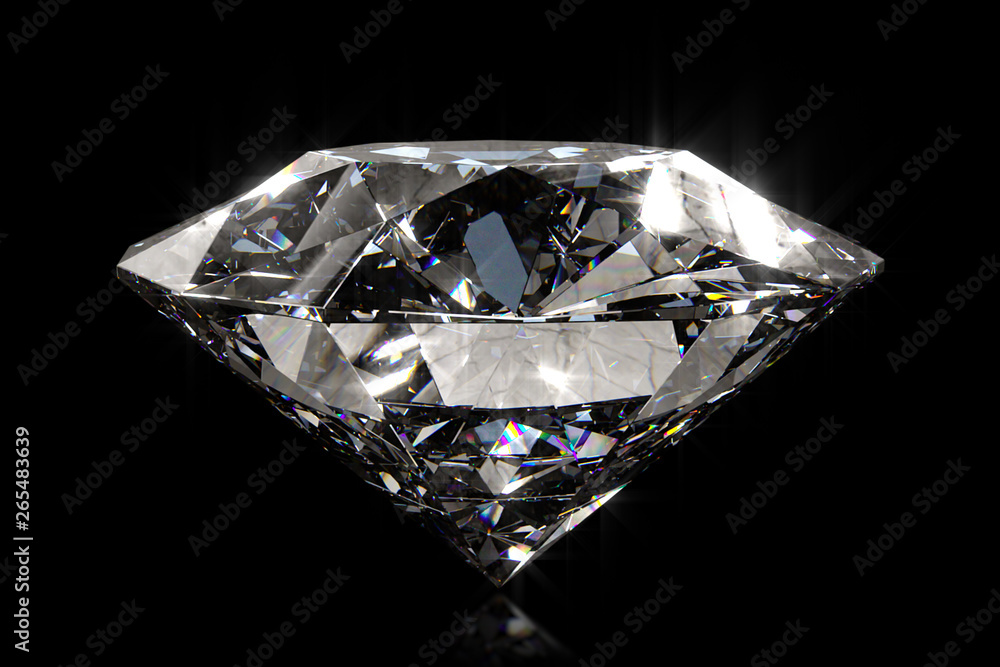 Beautiful large crystal clear shining round cut diamond, rotates against a black mirror isolated background. Close up side view. 3d illustration Beautiful large crystal clear shining round cut diamond, rotates against a black mirror isolated background. Close up side view. 3d illustration