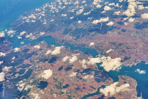 Photography Aerial top view of the whole Bosporus strait waterway connecting the Black Sea with the Sea of Marmara and Istanbul city in Turkey
