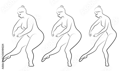 Collection. Silhouette of a cute lady, she is dancing ballet. A woman is overweight. The girl is plump, then slim, then thin. Woman is ballerina, gymnast. Vector illustration set
