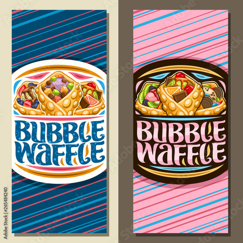 Vector banners for Bubble Waffle, layouts with 3 variety hong kong desserts with different berry ingredients, sign board with original lettering for words bubble waffle on blue and pink background.