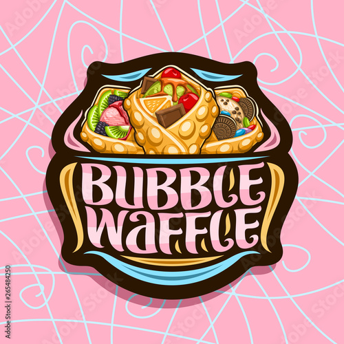 Vector logo for Bubble Waffle, dark decorative stamp with 3 variety hong kong desserts with assorted fruit ingredients, sign board with original lettering for words bubble waffle on pink background.