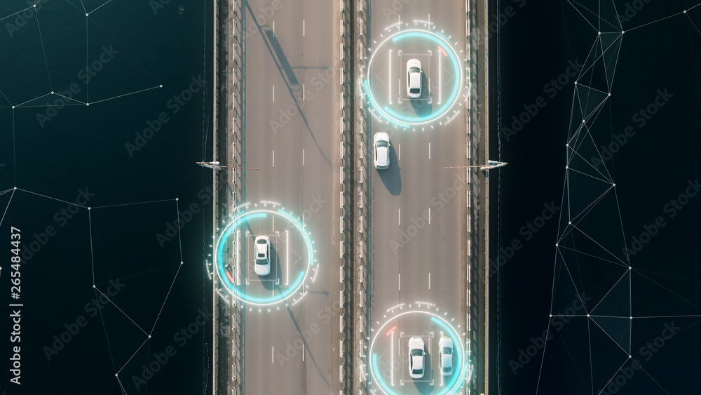 Obraz premium 4K Aerial View Self Driving Autopilot Autonomous Cars