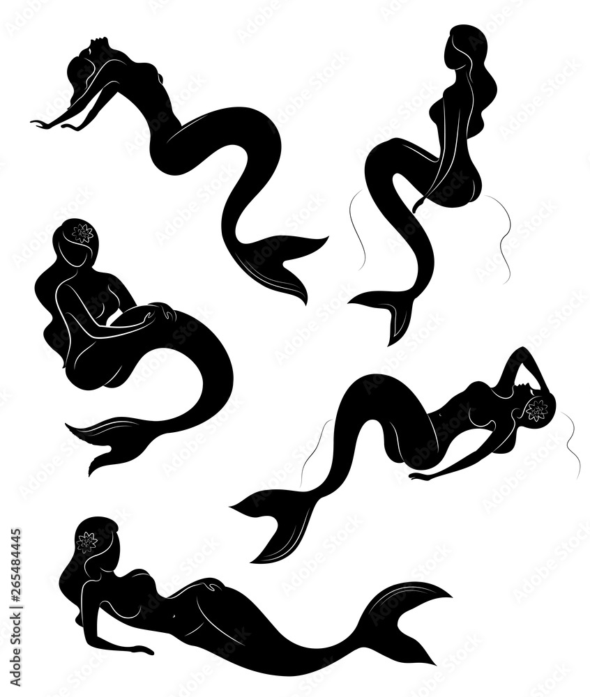 Collection. Silhouette of a mermaid. Girls bathe in a beautiful pose. The lady is young and slender. Fantastic image of a fairy tale. Set of vector illustrations Collection. Silhouette of a mermaid. Girls bathe in a beautiful pose. The lady is young and slender. Fantastic image of a fairy tale. Set of vector illustrations