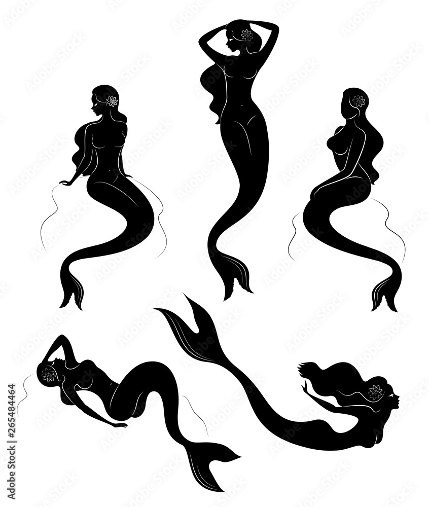 Fototapeta premium Collection. Silhouette of a mermaid. Girls bathe in a beautiful pose. The lady is young and slender. Fantastic image of a fairy tale. Set of vector illustrations