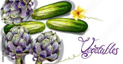 Artichoke and cucumber vegetables Vector watercolor. Spring fresh veggies