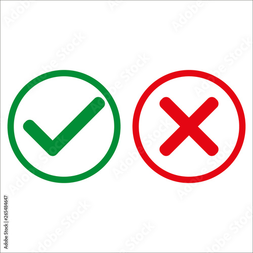 Check and wrong marks. Vector illustration. Green check mark and cross mark, in circle on white background.