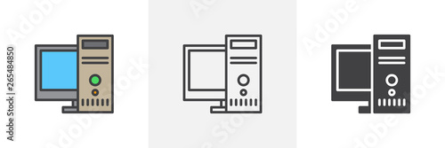 Desktop computer, workstation icon. Line, glyph and filled outline colorful version, PC monitor outline and filled vector sign. Symbol, logo illustration. Different style icons set. Vector graphics photo