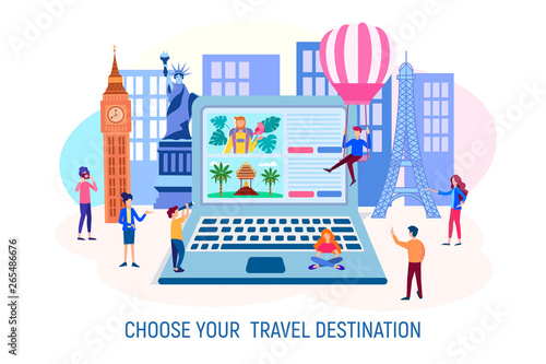 Characters choose a tourist destination for travel in a laptop on the background of dostoprimechatelnostey the most famous cities in the world.