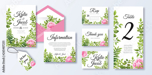 Wedding invite, menu, rsvp, information, thank you, label, save the date card, table number, envelope. Design with pink peony flowers, natural branches, green leaves, herbs. Vector cute rustic layout 