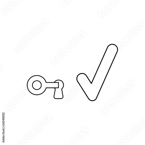 Vector icon concept of key in keyhole with check mark. Black outline.