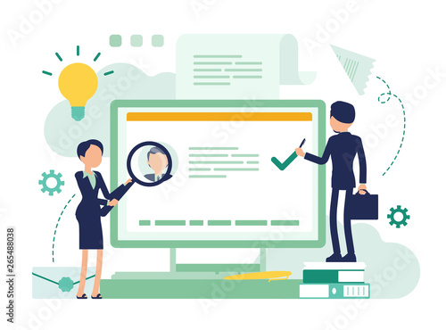 Electronic business document. Business people deal with official paper on computer screen, read digital information, study office file and data. Vector abstract illustration with faceless character