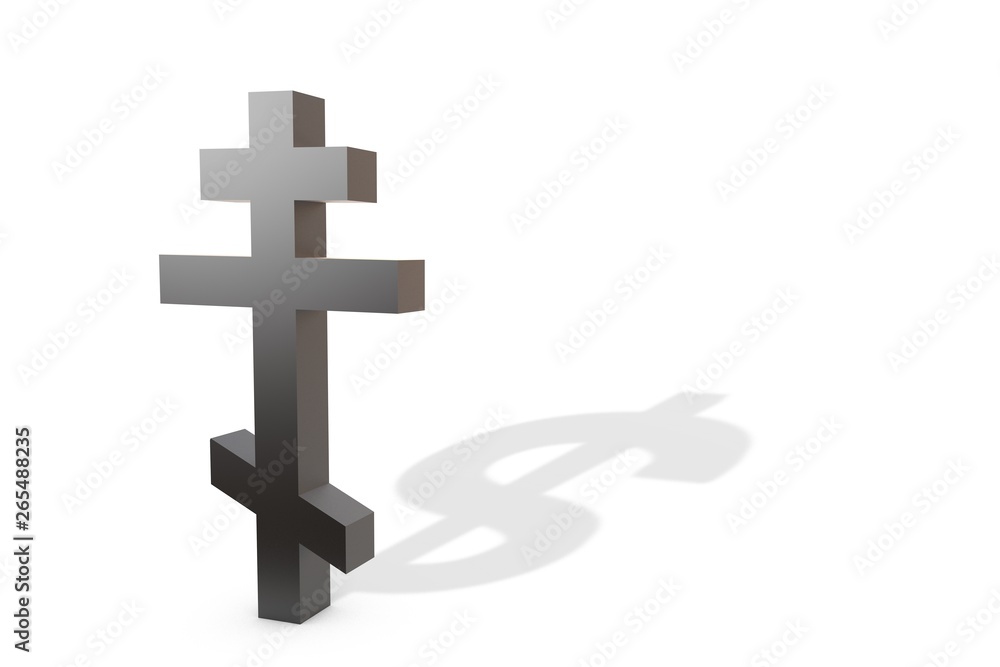 3d illustration: Black Christian Orthodox cross with a shadow in the shape of a dollar symbol  isolated on white background. The concept of business-financial relations between Church and parishioner.