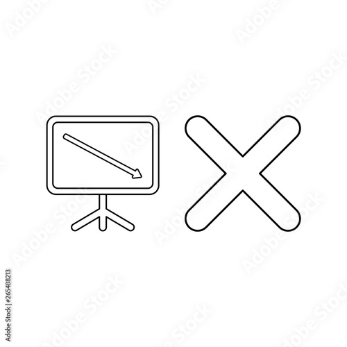 Vector icon concept of sales chart with arrow moving down and x mark. Black outline.