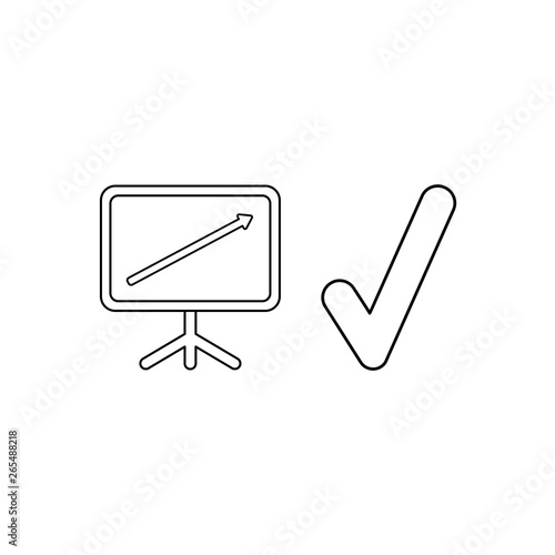 Vector icon concept of sales chart with arrow moving up and check mark. Black outline.